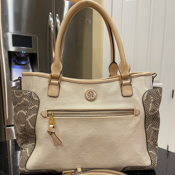 TORY BURCH PYTHON SNAKESKIN LEATHER COLOR BLOCK W/CANVAS SHOULDER BAG HANDBAG - Picture 1 of 16